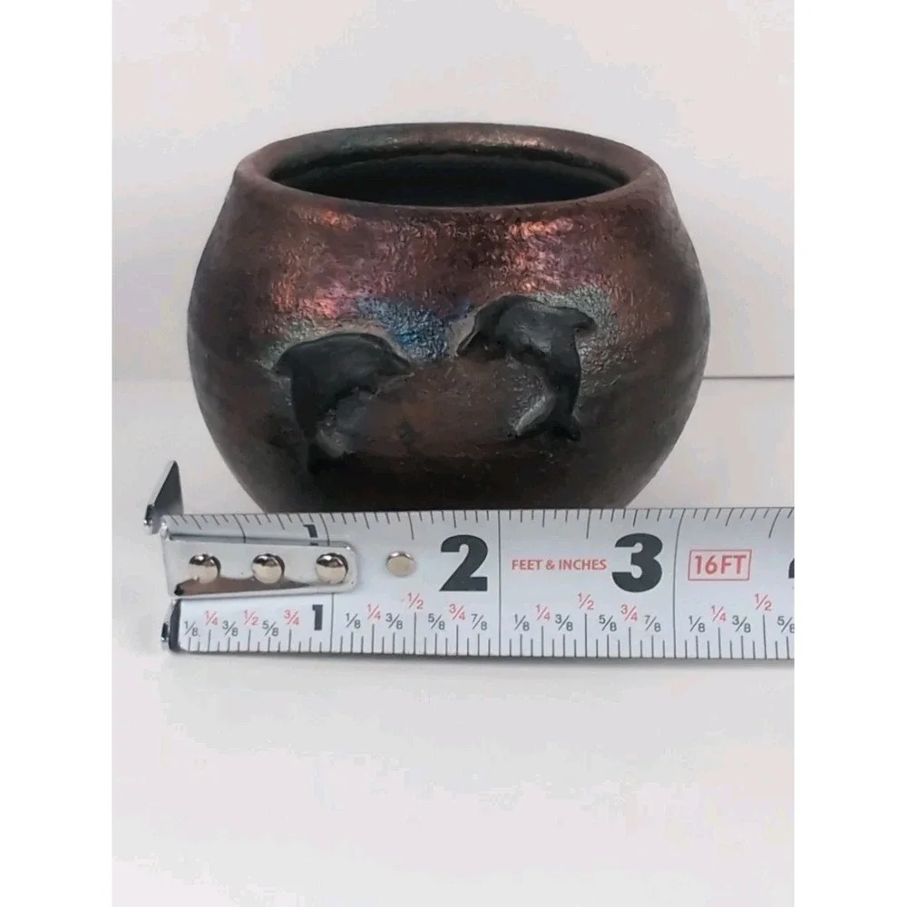 Raku Pottery Iridescent Vase W/ Dolphins, Artist Signed CAM  2.5
